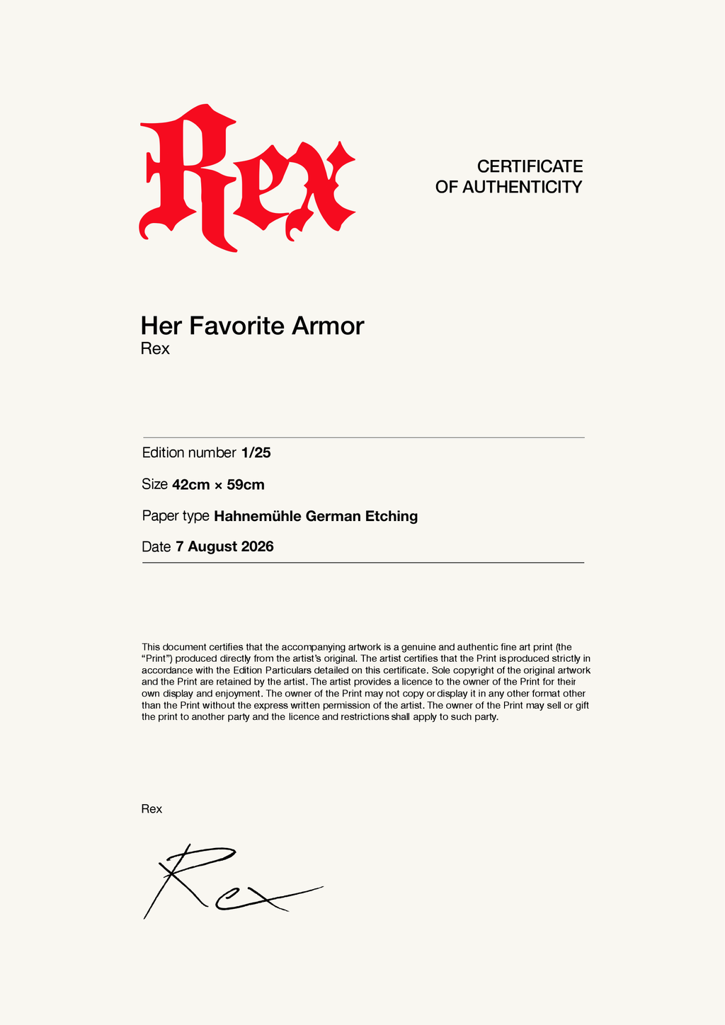Her Favorite Armor — Certificate of Authenticity
