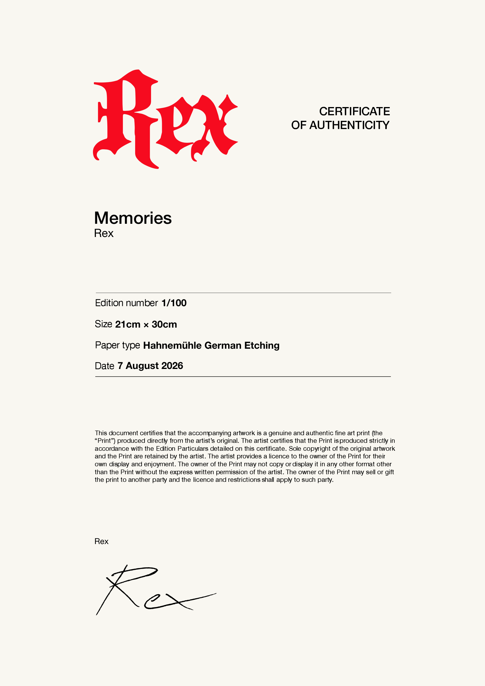 Memories — Certificate of Authenticity
