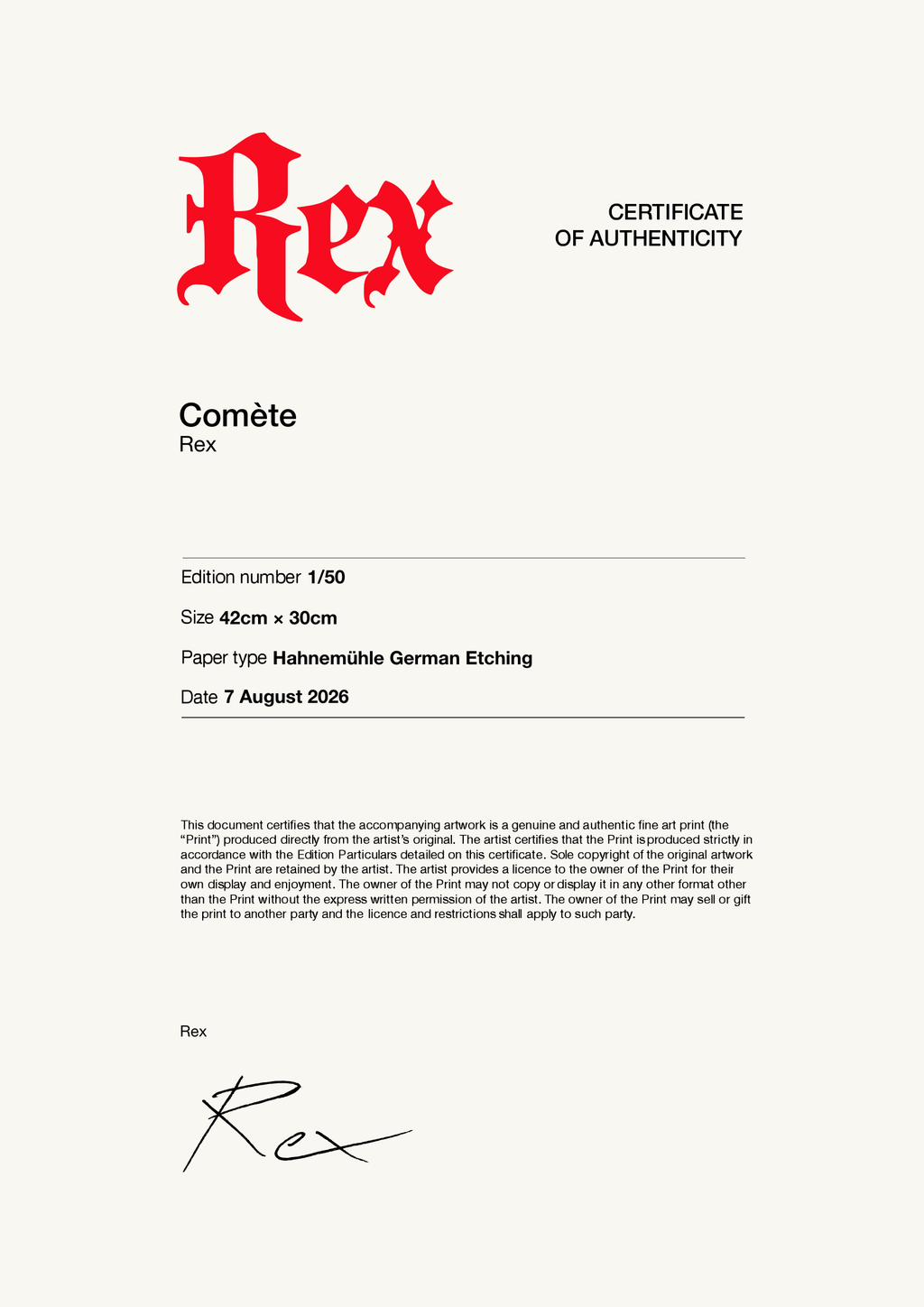 Comète — Certificate of Authenticity