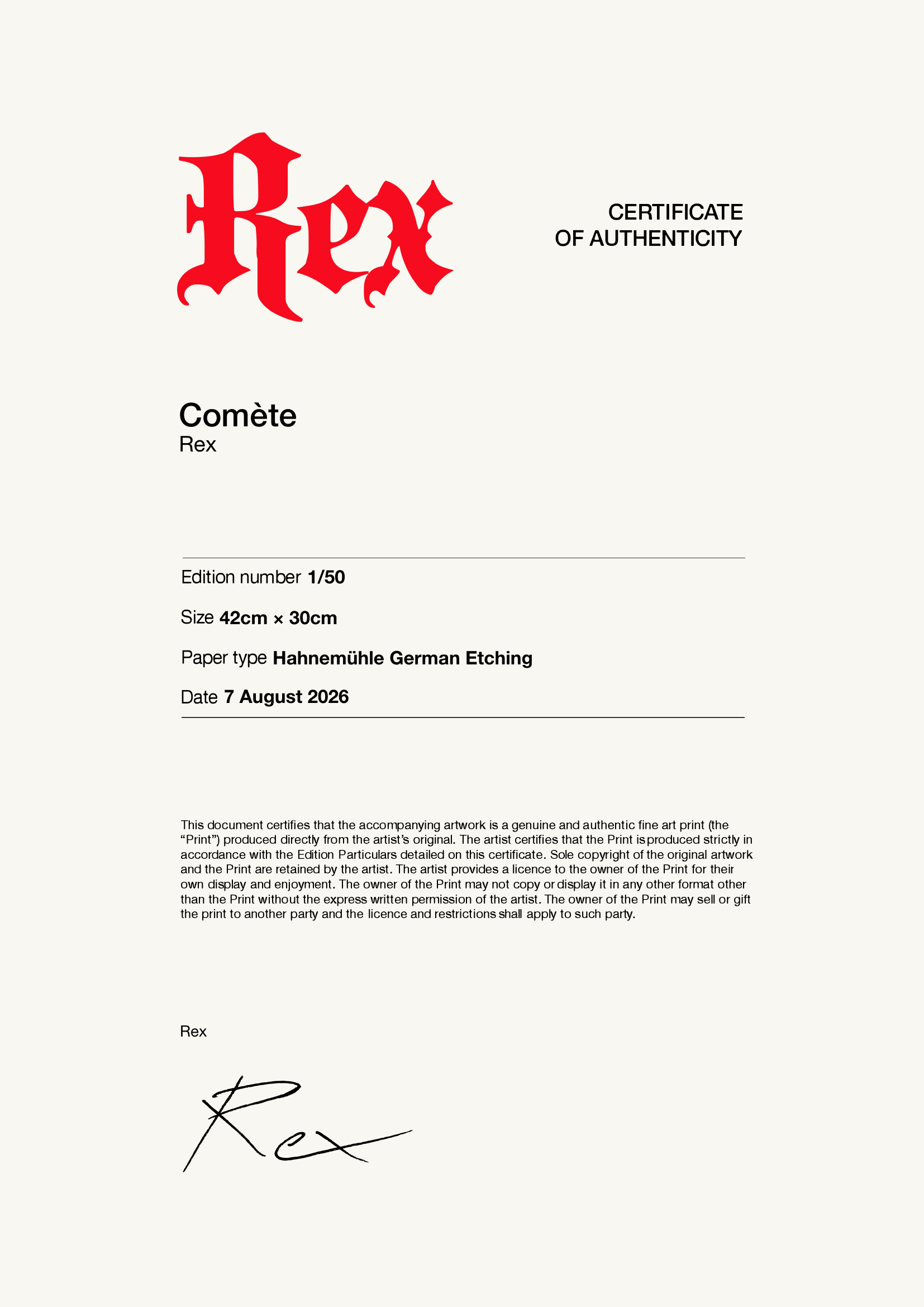 Comète — Certificate of Authenticity
